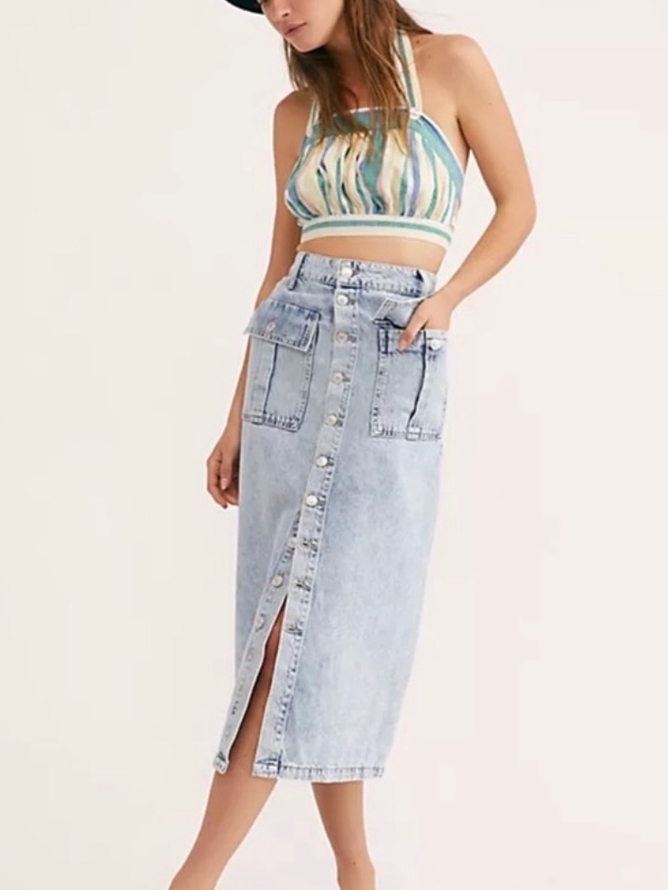 We The Free Midi Jean Skirt Ava Front Button Acid Trashed Cargo Pocket A Size 4